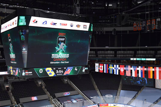 The score clock at Rogers Place displays the event logo