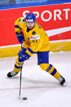Zion Nybeck of Sweden handles the puck
