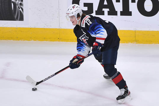 Cole Caufield of USA handles the puck