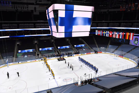 Team Finland and Team Sweden stand for the Finland national