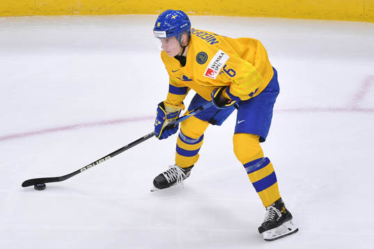 Theodor Niederbach of Sweden skates with the puck