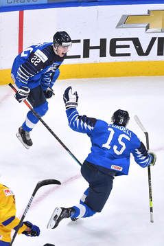 Roni Hirvonen of Finland celebrates the game winning goal