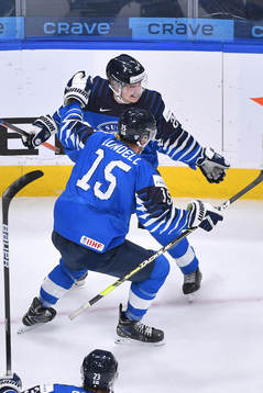 Roni Hirvonen of Finland celebrates the game winning goal