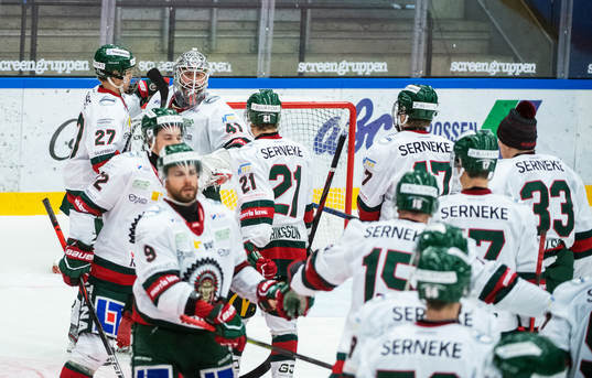 Frölundas målvakt Niklas Rubin jublar med lagkamrater