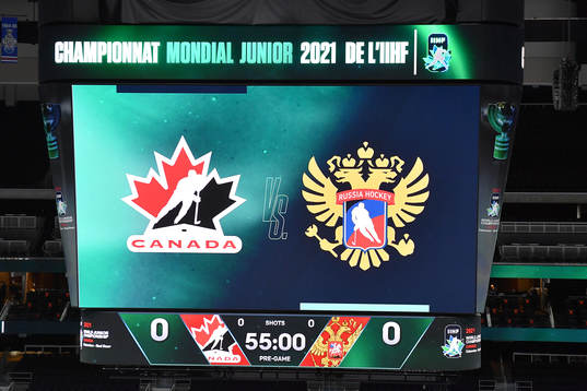 The score clock at Rogers Place displays the logos of both