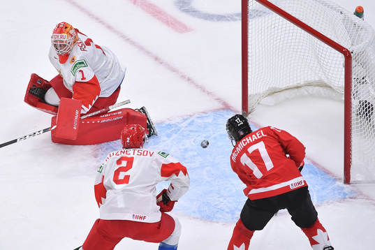 Connor McMichael of Canada scores the 2-0 goal