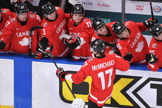Connor McMichael of Canada celebrates the 2-0 goal