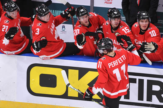 Cole Perfetti of Canada celebrates his first period goal