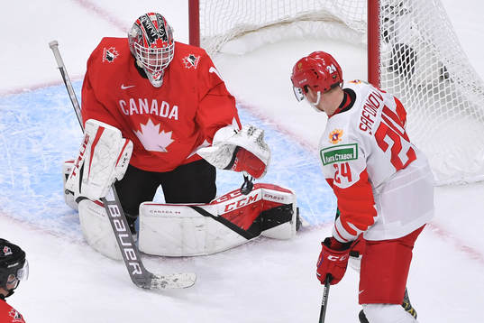 Devon Levi of Canada makes save