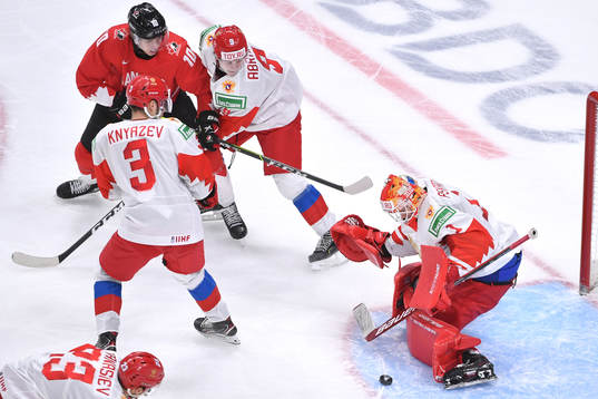 Yaroslav Askarov of Russia makes a save