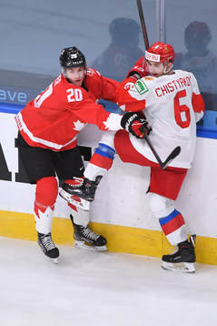 Dawson Mercer of Canada and Semyon Chistyakov of Russia