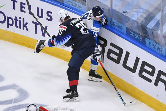John Farinacci of USA collides with Petteri Puhakka of