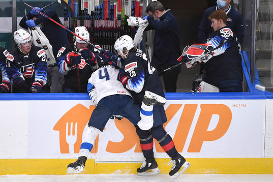 Ville Heinola of Finland collides with Landon Slaggert of