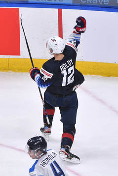 Matthew Boldy of USA celebrates his second period goal