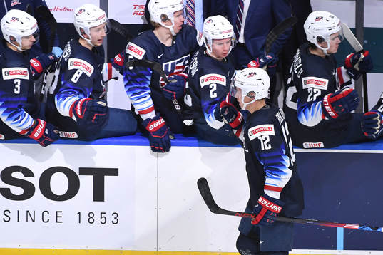 Matthew Boldy of USA celebrates his second period goal