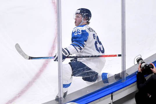Kasper Simontaival of Finland celebrates his third period
