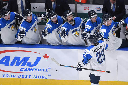 Kasper Simontaival of Finland celebrates his third period