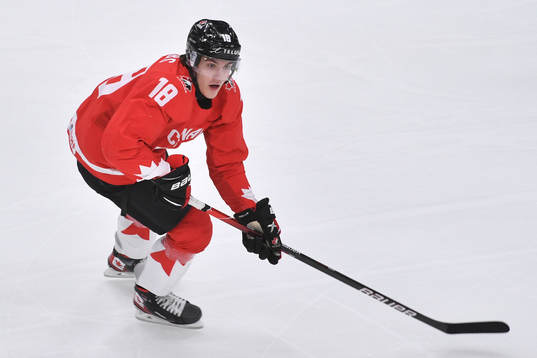Peyton Krebs of Canada skates
