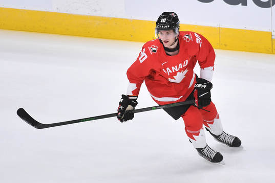 Dawson Mercer of Canada participates in warm up