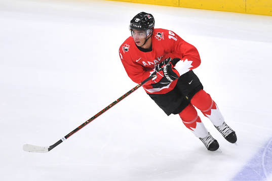 Quinton Byfield of Canada participates in warm up