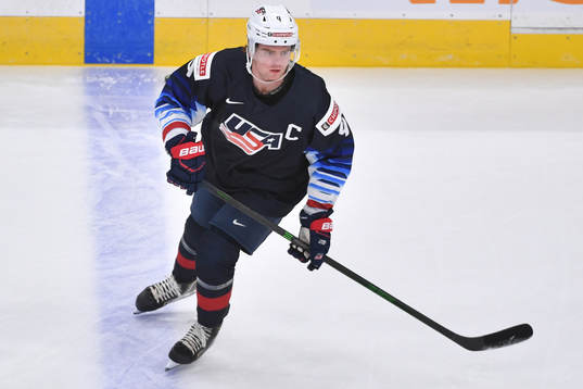 Trevor Zegras of USA participates in warm up