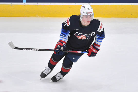 Cole Caufield of USA participates in warm up