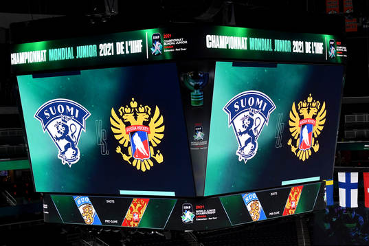 The score clock at Rogers Place displays the logos of both