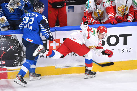 Roni Hirvonen of Finland collides with Rodion Amirov of
