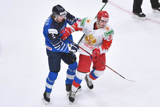 Santeri Hatakka of Finland collides with Artemi Knyazev of