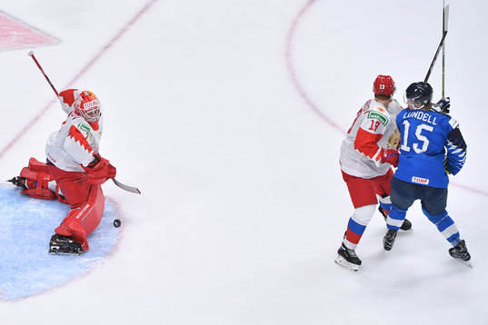 Yaroslav Askarov of Russia makes a save