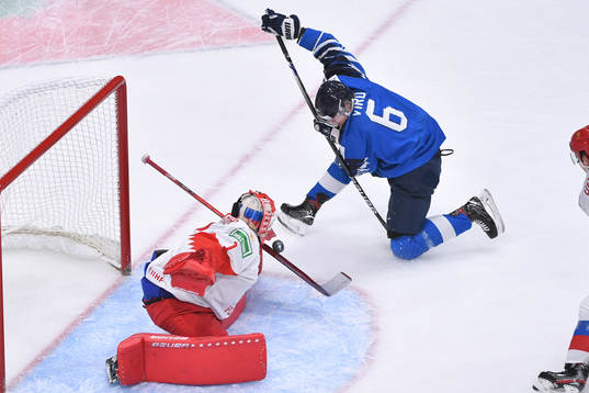 Yaroslav Askarov of Russia makes a save