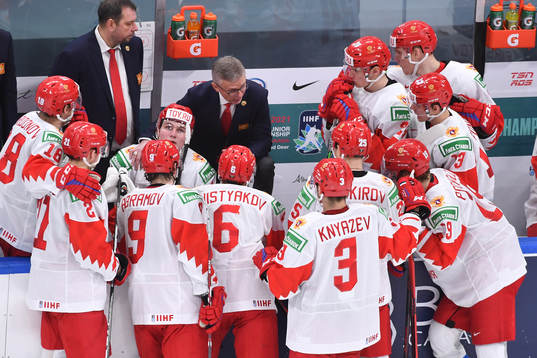 Team Russia Head Coach Igor Larionov speaks to his players