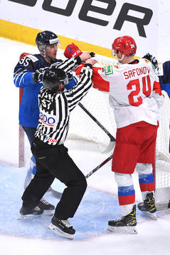 Mikko Kokkonen of Finland and Ilya Safonov of Russia push