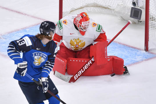 Yaroslav Askarov of Russia makes a pad save
