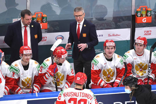 Team Russia Head Coach Igor Larionov speaks to his players