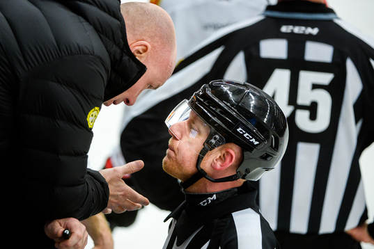 Brynäs tränare Peter Andersson och Domare Mikael Holm