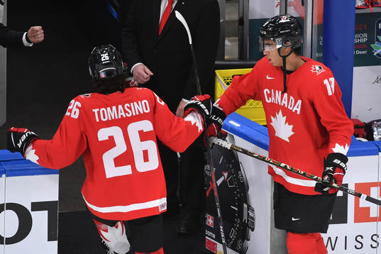Quinton Byfield and Philip Tomasino of Canada fist bump as