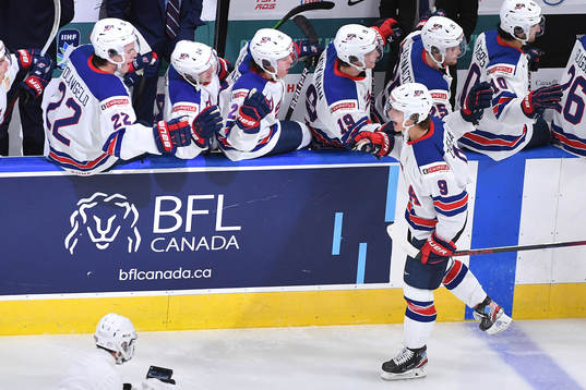 Trevor Zegras of USA celebrates the 2-0 goal with teammates
