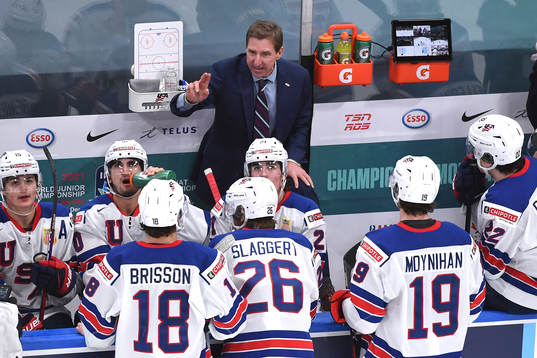 Team USA Head Coach Nate Leaman speaks to his players