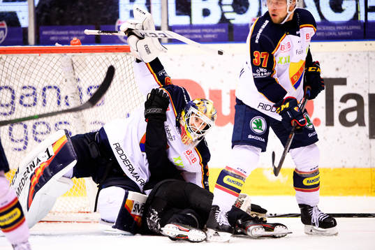 Djurgårdens målvakt Niklas Svedberg och Brynäs Greg Scott