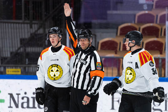 Brynäs Noel Gunler, domare Sören Persson och Brynäs