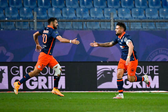 Andy DELORT of Montpellier celebrates his coring with