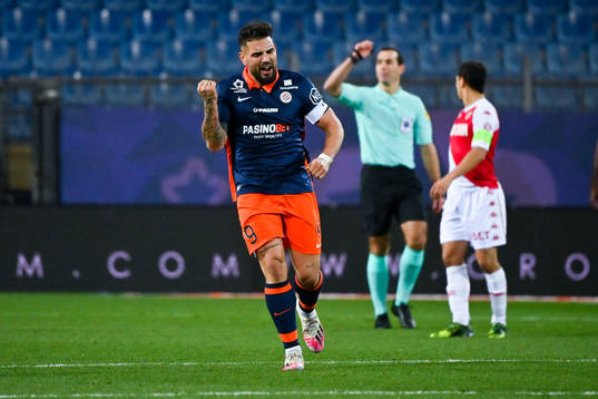 Andy DELORT of Montpellier celebrates his scoring