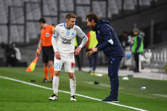 Valentin RONGIER of Marseille and Andre VILLAS BOAS coach