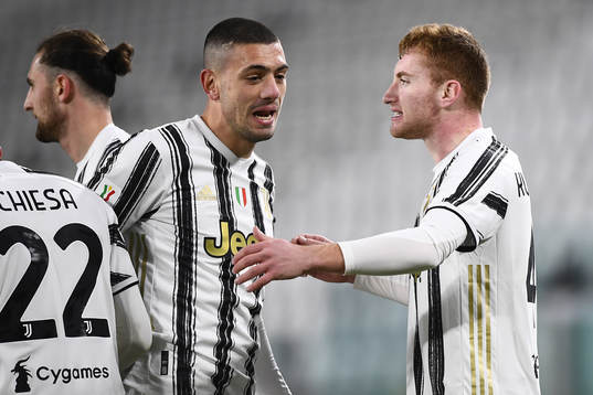 Dejan Kulusevski of Juventus celebrate with teammates