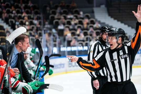 Rögles tränare Cam Abbott och Domare Tobias Björk i en