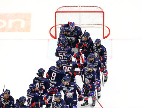 Linköpings spelare jublar med målvakt Niklas Lundström