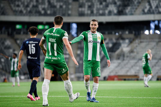 Hammarbys Vladimir Rodic och Jeppe Andersen jublar