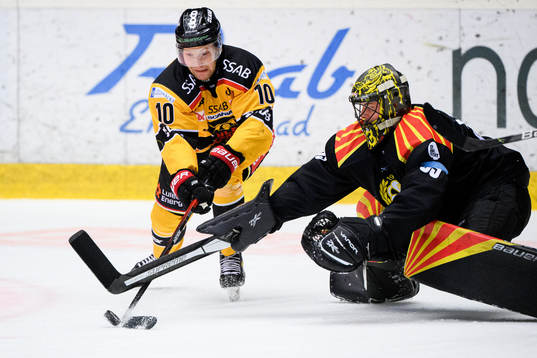 Luleås Einar Emanuelsson och Brynäs målvakt Samuel Ersson