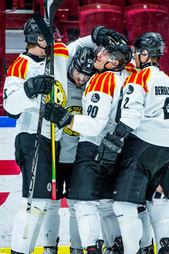 Brynäs Jadeon Descheneau jublar med Shane Harper och andra